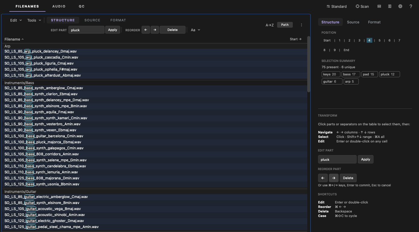 Calder QC Structure view — part-based selection across files with the positional value summary